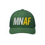 Green Minnesota As Fuck Anti-Fascist Hat featuring MN and AF embroidery, trucker style with mesh back, symbolizing pro-equali