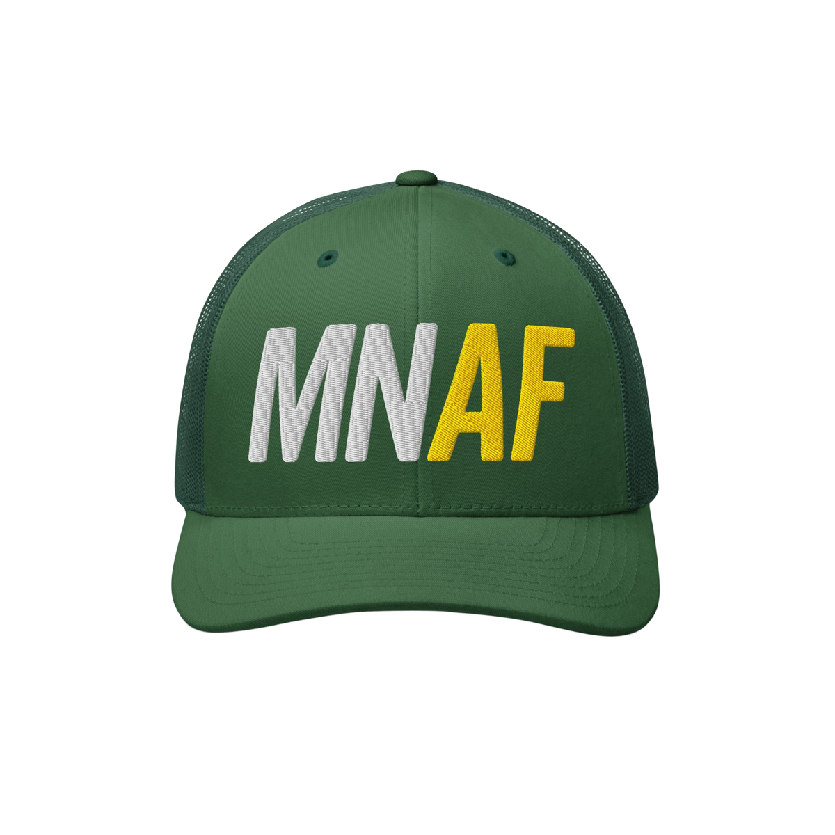 Green Minnesota As Fuck Anti-Fascist Hat featuring MN and AF embroidery, trucker style with mesh back, symbolizing pro-equali