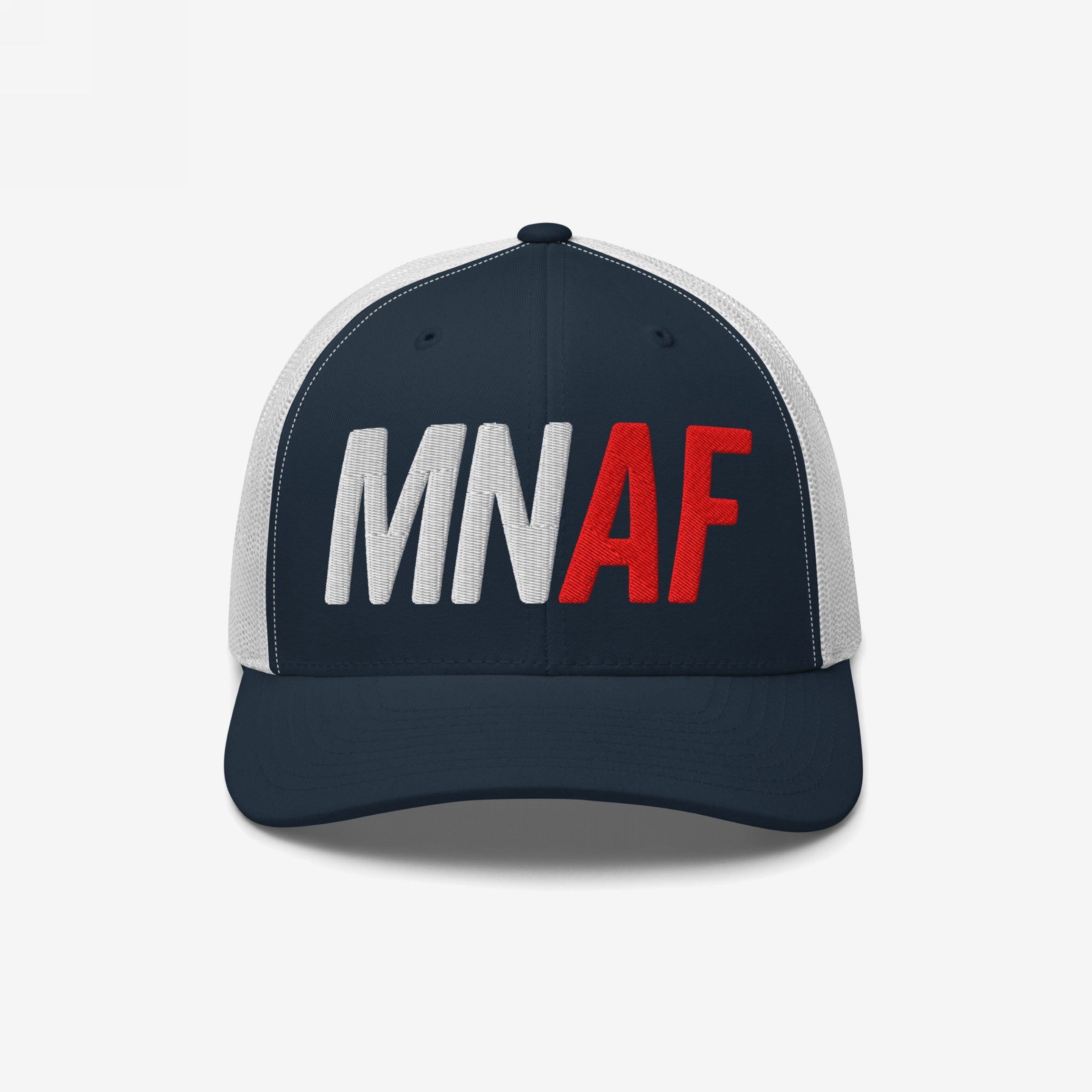 Minnesota As Fuck Anti-Fascist Hat, featuring a trucker-style design with a navy blue front and white mesh back, embroidered with MN in white and AF in red, symbolizing pro-equality and anti-fascist values.