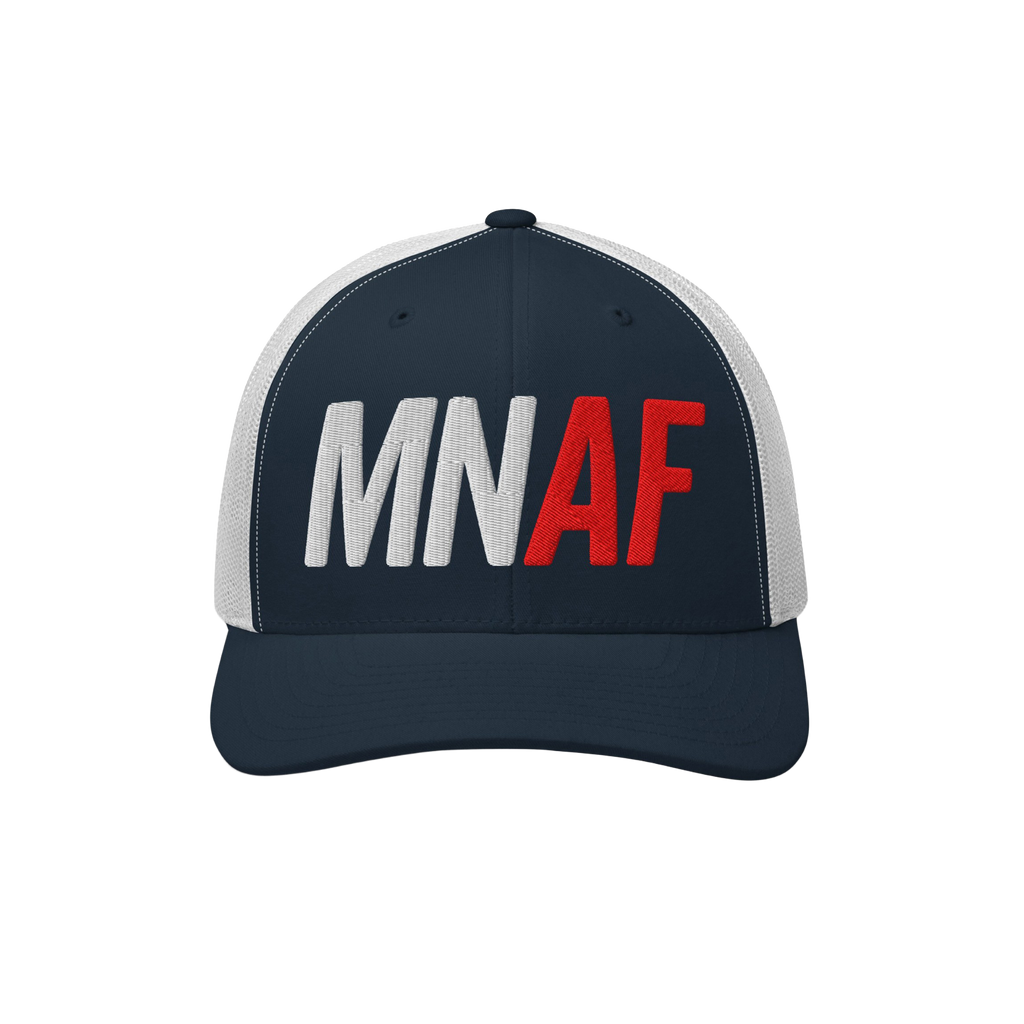 Minnesota As Fuck Anti-Fascist Hat, featuring a trucker-style design with a navy blue front and white mesh back, embroidered 