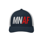 Minnesota As Fuck Anti-Fascist Hat, featuring a trucker-style design with a navy blue front and white mesh back, embroidered 