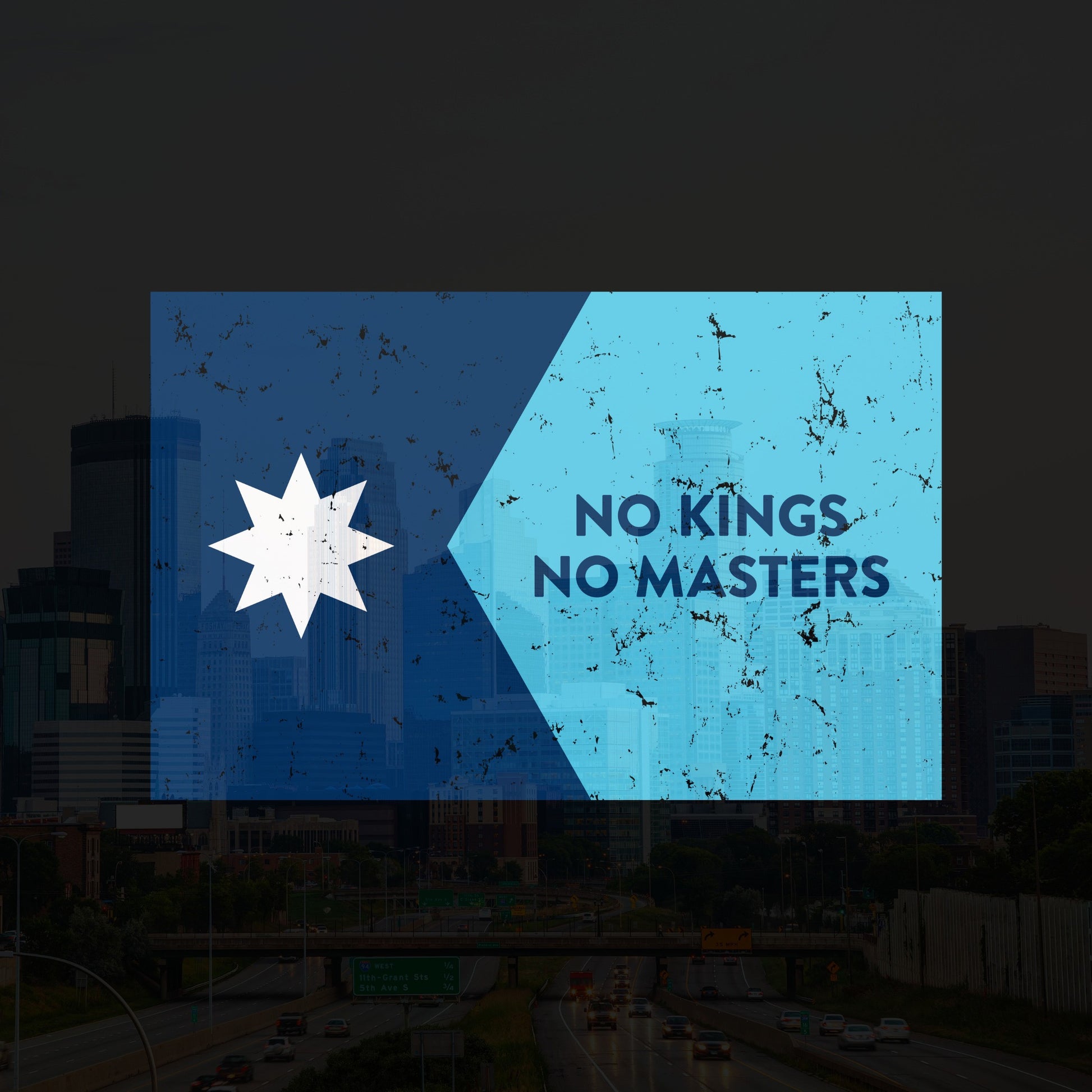 Minnesota No Kings Flag Shirt featuring a two-tone blue arrow with a star and the slogan “NO KINGS NO MASTERS” over a city skyline, embodying resistance and freedom.