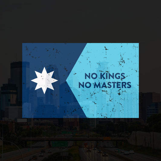 Minnesota No Kings Flag Shirt featuring a two-tone blue arrow with a star and the slogan “NO KINGS NO MASTERS” over a city skyline, embodying resistance and freedom.