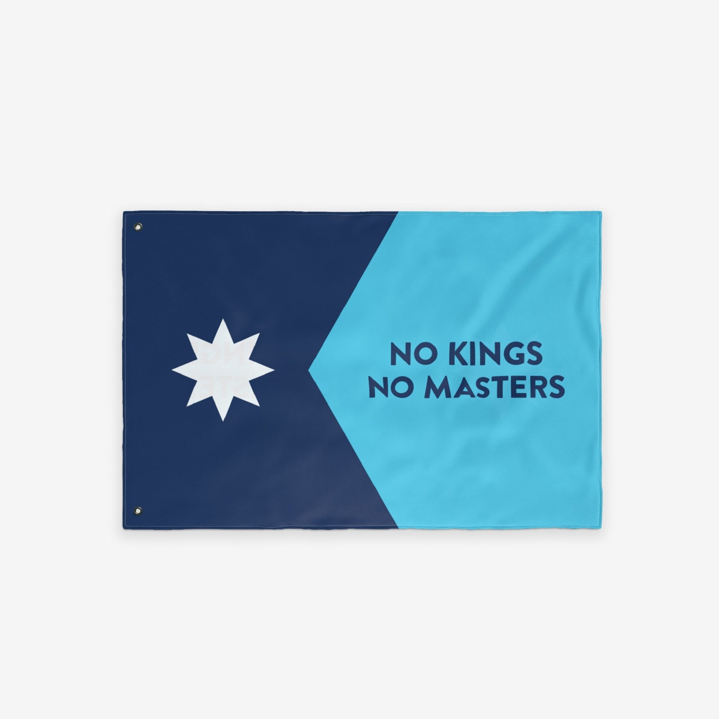 Minnesota No Kings Flag featuring a diagonal split design with a white star and NO KINGS NO MASTERS slogan, symbolizing anti-authoritarian resistance. Designed for display with metal grommets.