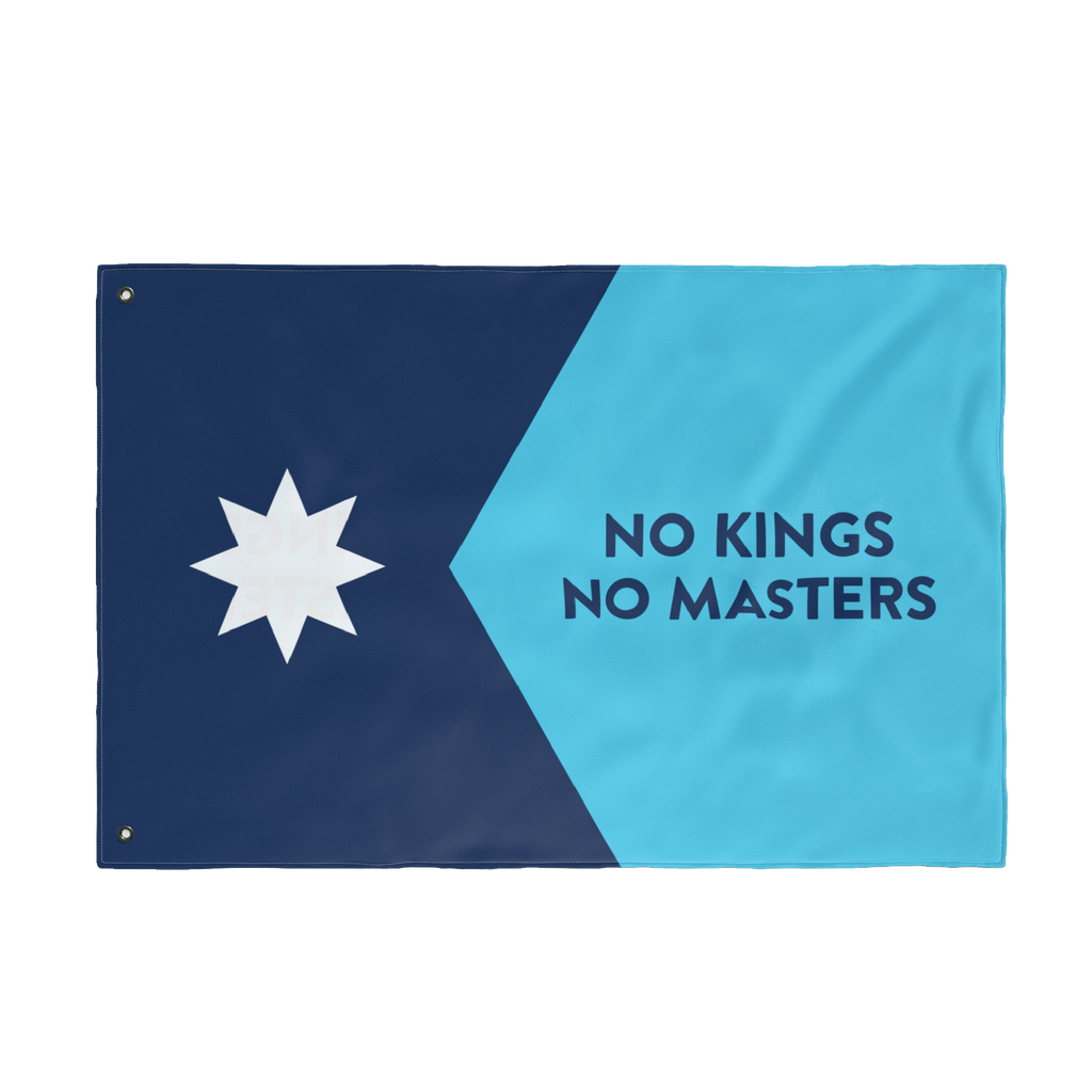 Minnesota No Kings Flag featuring a diagonal split design with a white star and NO KINGS NO MASTERS slogan, symbolizing anti-
