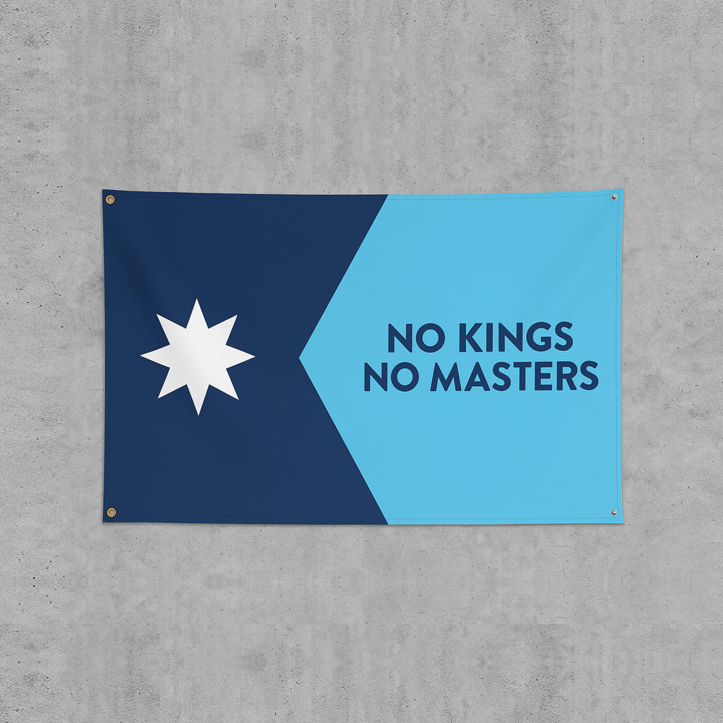 Minnesota No Kings Flag featuring a bold anti-authoritarian message: NO KINGS NO MASTERS. Displays an eight-pointed star, symbolizing resistance and freedom. Ideal for rallies or home display.
