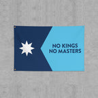 Minnesota No Kings Flag featuring a bold anti-authoritarian message: NO KINGS NO MASTERS. Displays an eight-pointed star, symbolizing resistance and freedom. Ideal for rallies or home display.