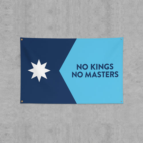 Minnesota No Kings Flag featuring a bold anti-authoritarian message: NO KINGS NO MASTERS. Displays an eight-pointed star, symbolizing resistance and freedom. Ideal for rallies or home display.