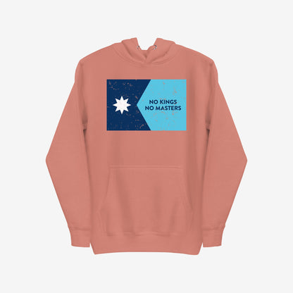 Minnesota No Kings Flag Hoodie features a muted coral shade with a graphic of a white star and NO KINGS NO MASTERS slogan, embodying anti-authoritarian values with a kangaroo pocket and drawstring hood.