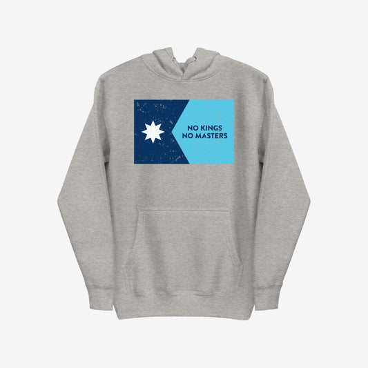 Minnesota No Kings Flag Hoodie & Sweatshirt features a bold graphic with a star and motivational slogan, symbolizing anti-authoritarian spirit. This light-gray hoodie embodies the ethos of freedom and equality.