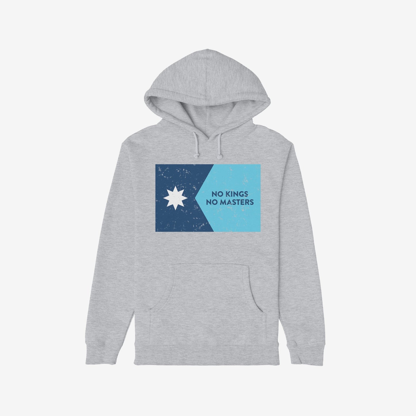 Light-heather-gray hoodie featuring the Minnesota No Kings Flag Shirt design, with a distressed graphic split between navy and sky blue, symbolizing defiance against authoritarianism with the slogan “NO KINGS NO MASTERS.”