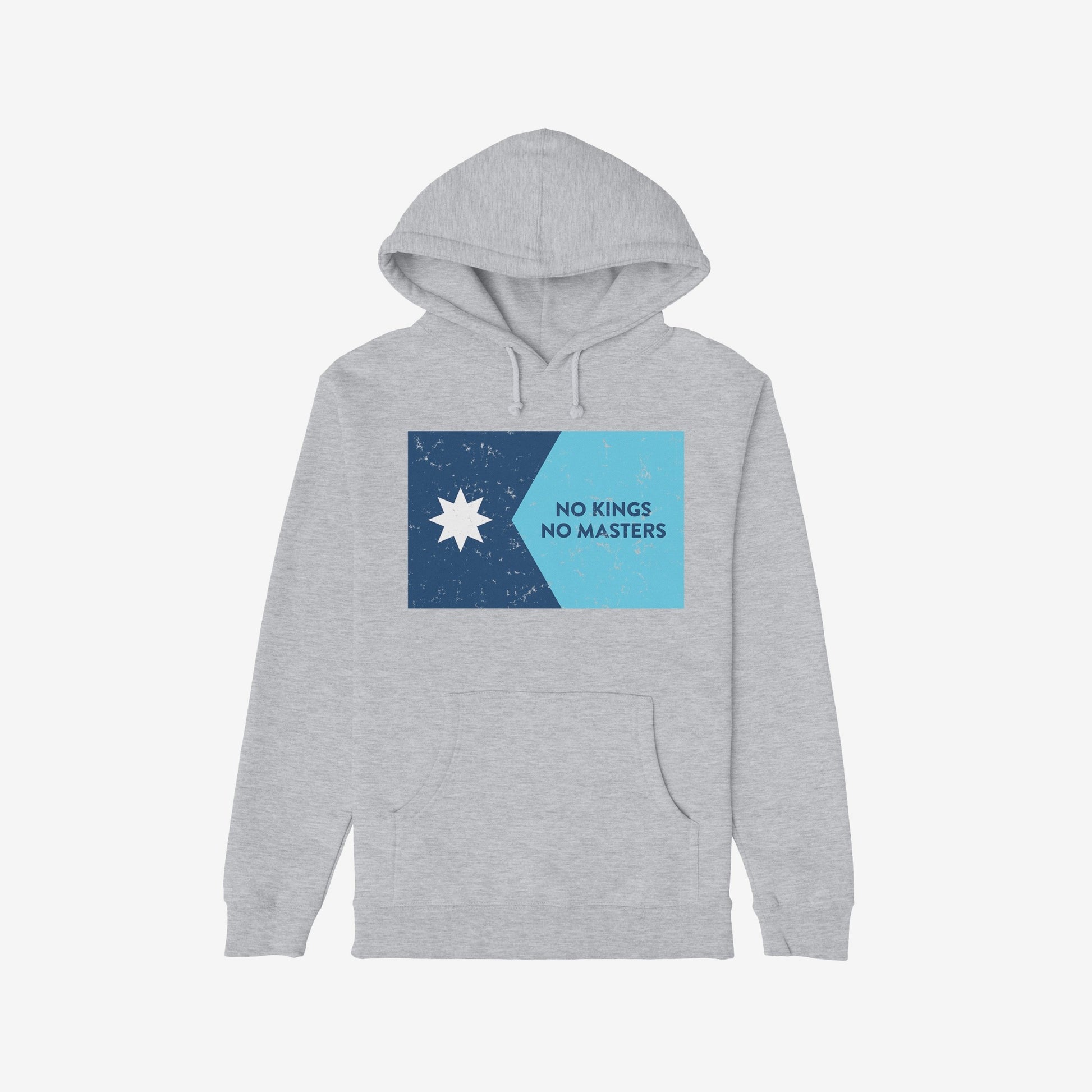 Light-heather-gray hoodie featuring the Minnesota No Kings Flag Shirt design, with a distressed graphic split between navy and sky blue, symbolizing defiance against authoritarianism with the slogan “NO KINGS NO MASTERS.”