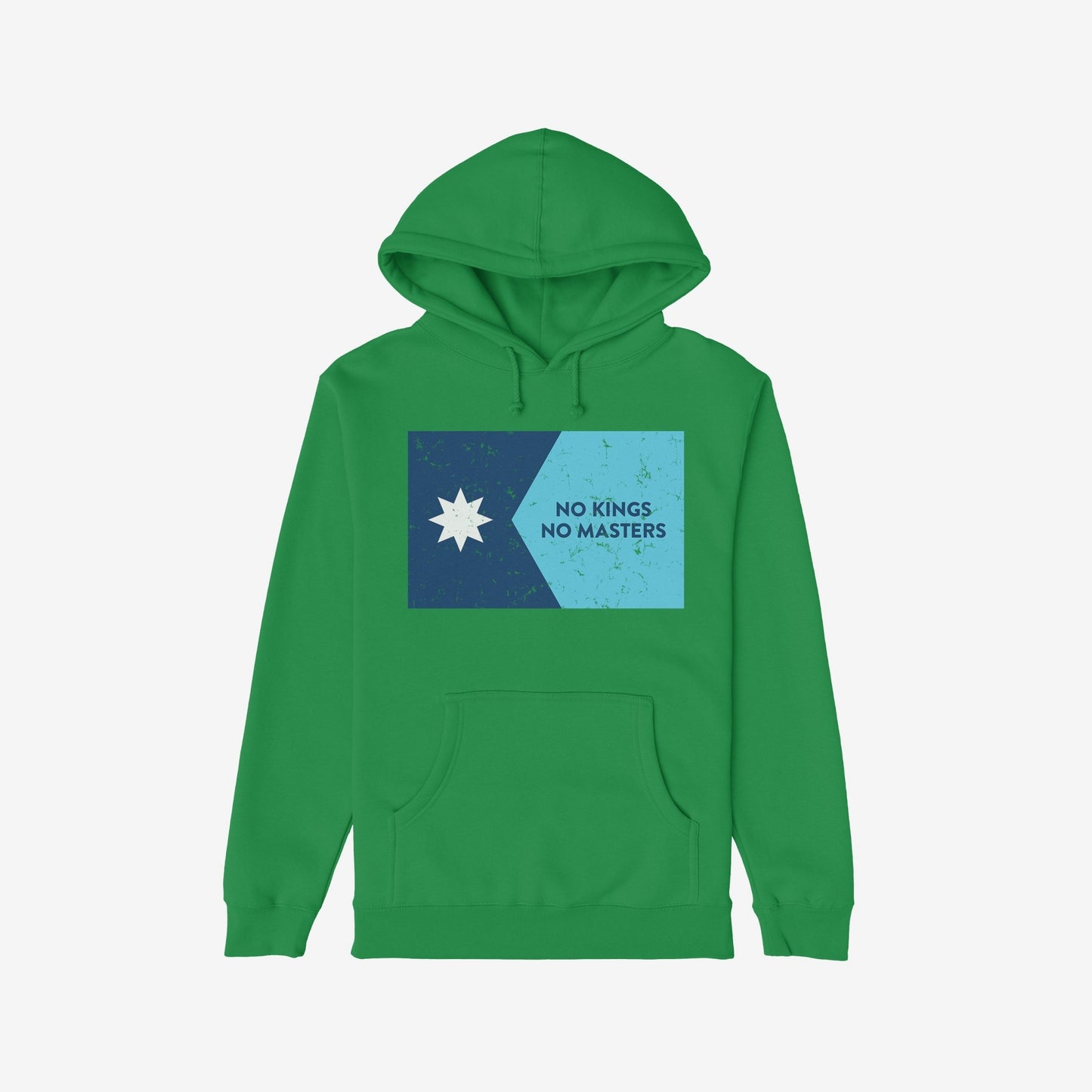 Green hoodie featuring the Minnesota No Kings Flag Shirt design, showcasing a two-panel graphic with a star and slogan, embodying a spirit of resistance and freedom.