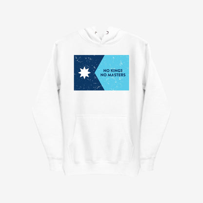 Minnesota No Kings Flag Hoodie features a white pullover with a hood, kangaroo pocket, and a two-tone blue graphic displaying a star and NO KINGS NO MASTERS slogan, embodying anti-authoritarian spirit.