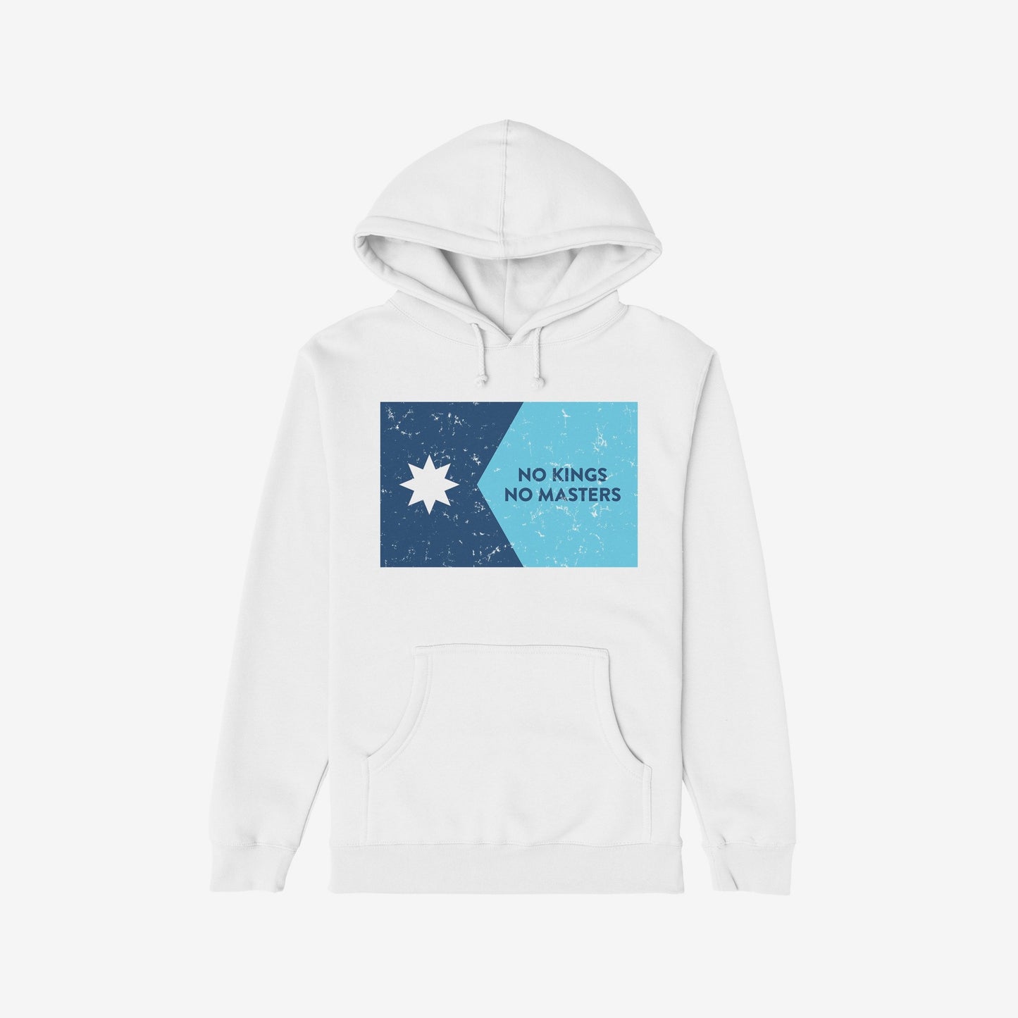 White pullover hoodie featuring the Minnesota No Kings Flag Shirt design, with a distressed two-tone graphic and slogan, embodying a spirit of resistance and freedom.