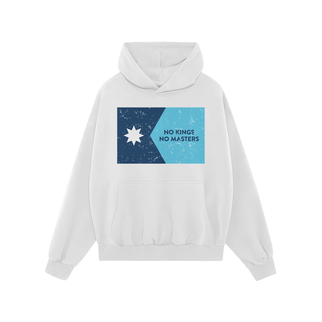 White pullover hoodie featuring the Minnesota No Kings Flag Shirt design, with a distressed two-tone graphic and slogan, embo
