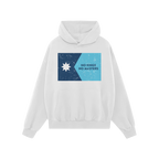 White pullover hoodie featuring the Minnesota No Kings Flag Shirt design, with a distressed two-tone graphic and slogan, embo