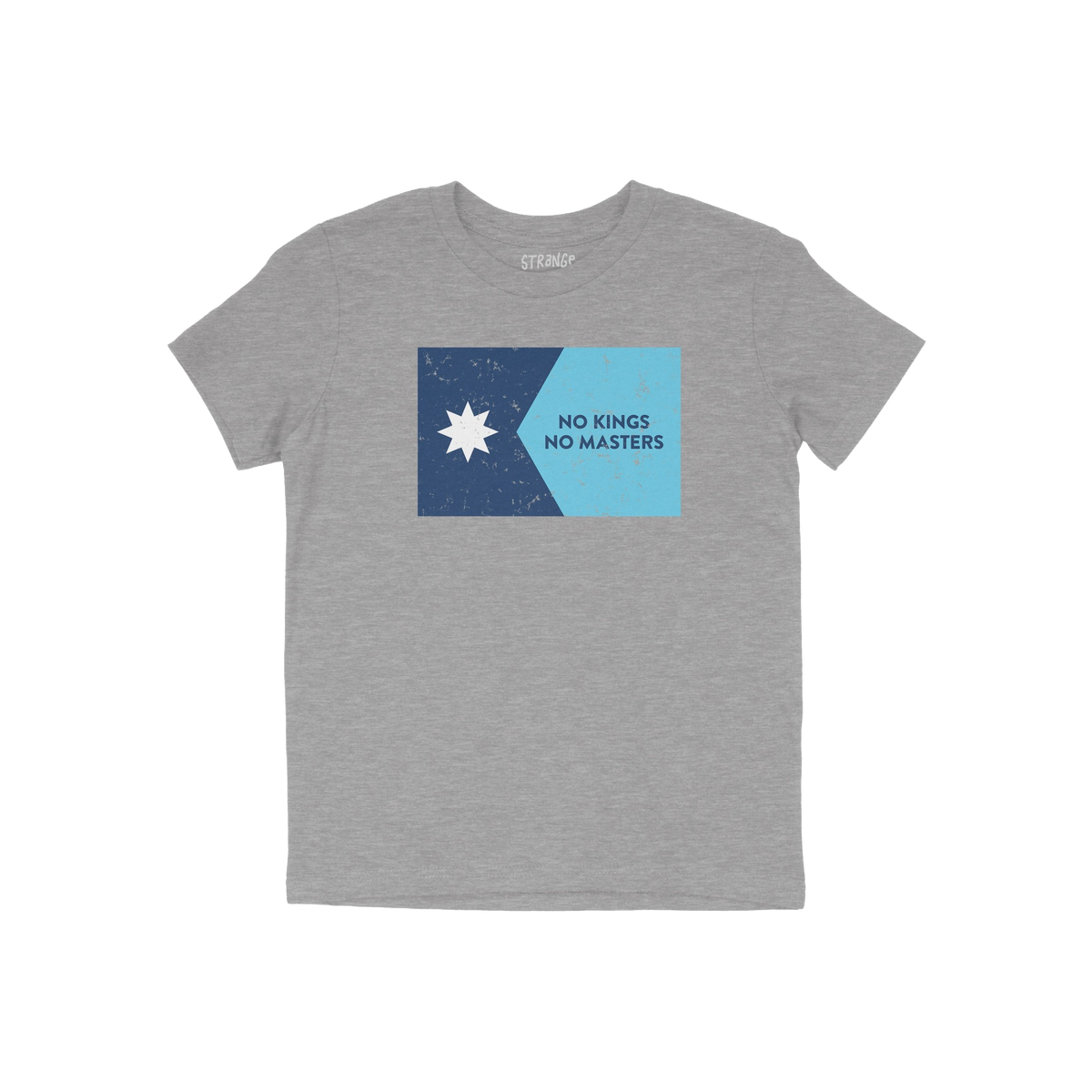 Minnesota No Kings Flag Shirt featuring a weathered star and slogan graphic, embodies resistance and freedom. Laid flat, it c