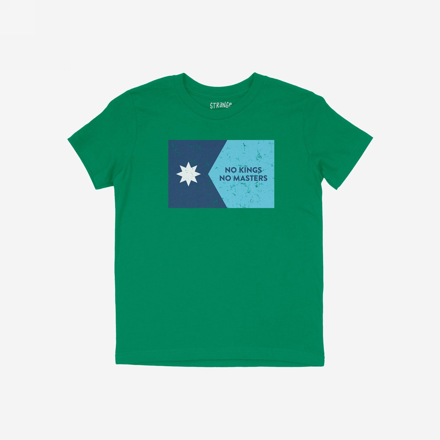 Minnesota No Kings Flag Shirt with a distressed rectangle design, featuring a white star and the slogan NO KINGS NO MASTERS, symbolizing resistance and freedom, ideal for those seeking equality.
