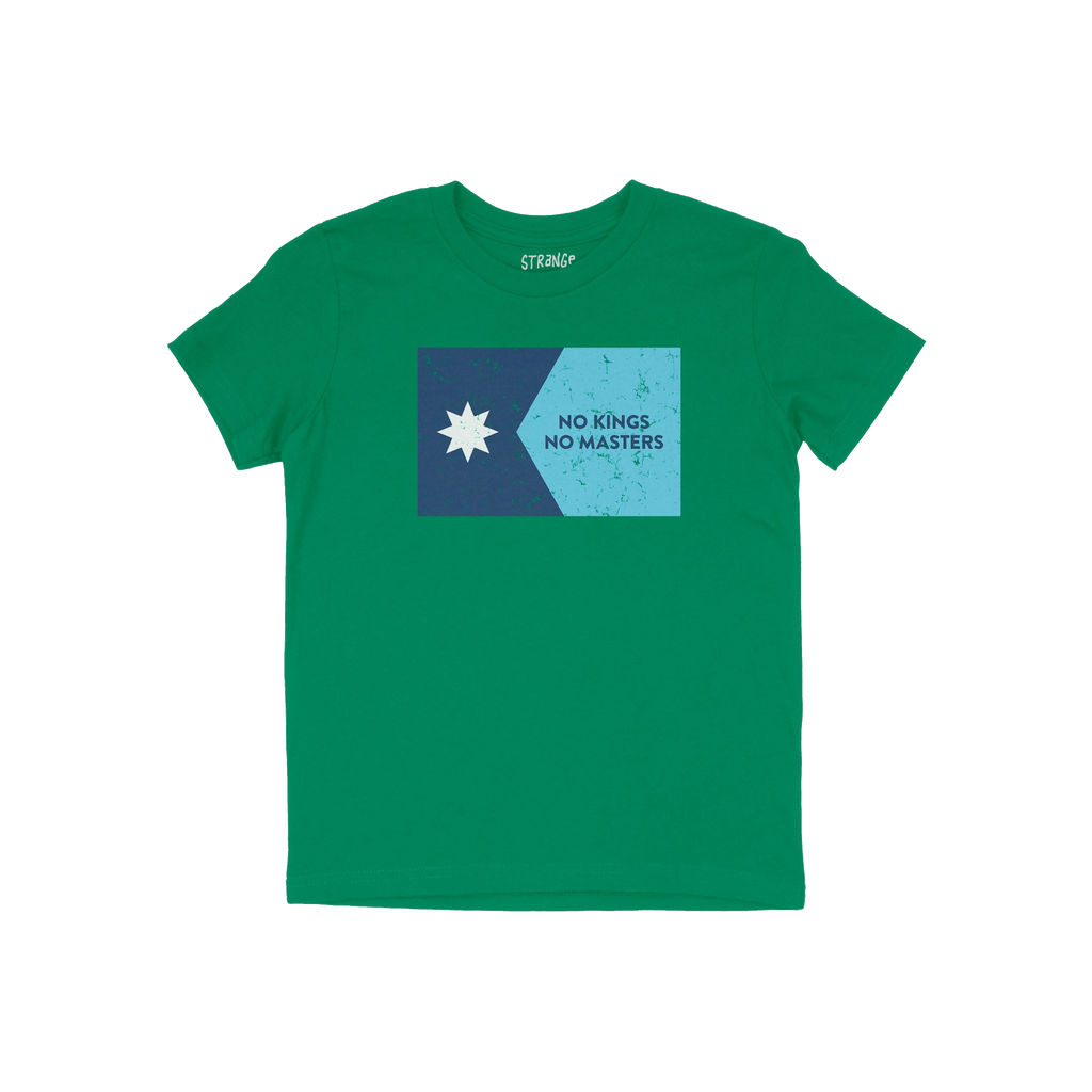 Minnesota No Kings Flag Shirt with a distressed rectangle design, featuring a white star and the slogan NO KINGS NO MASTERS,