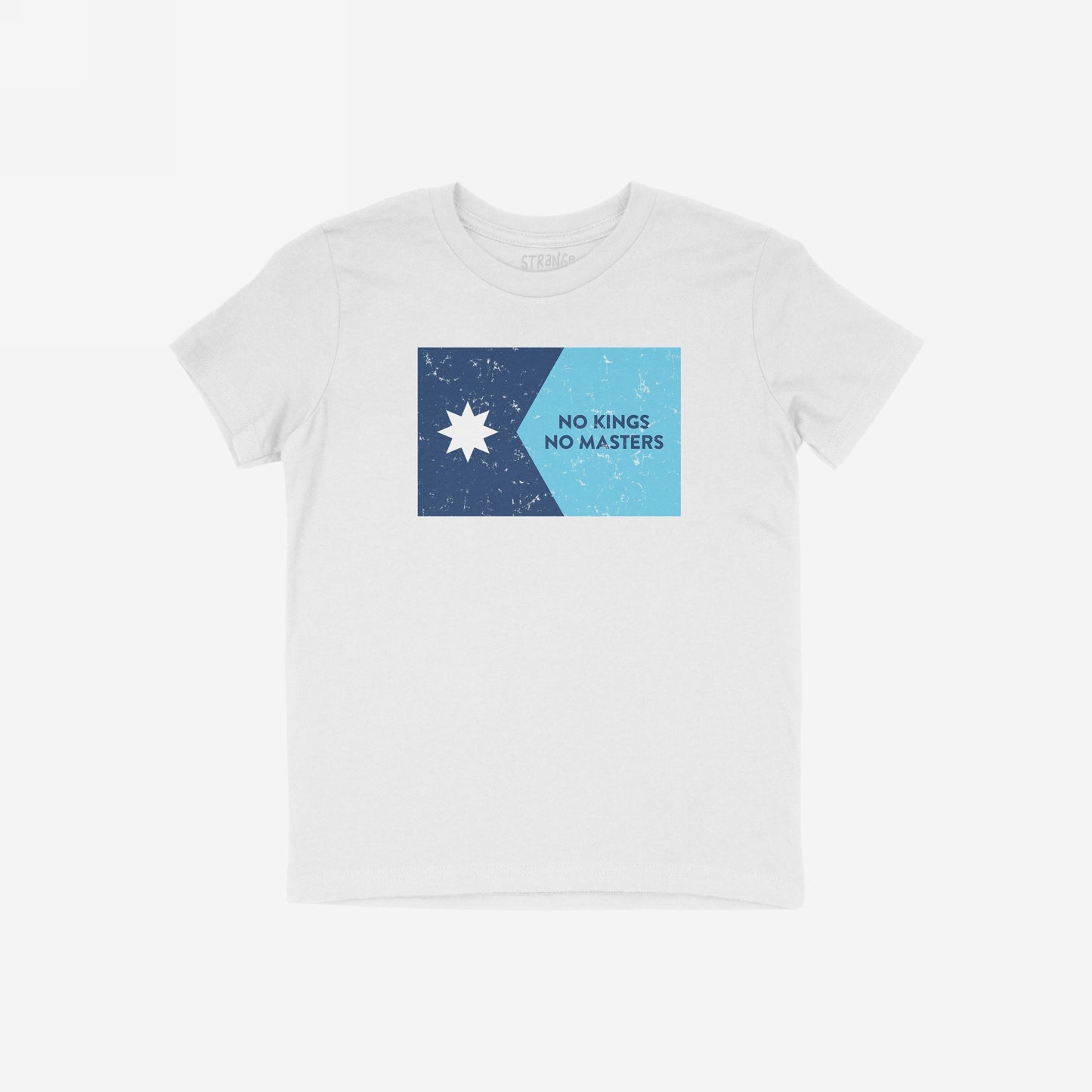 Minnesota No Kings Flag Shirt features a distressed graphic with a North Star and NO KINGS NO MASTERS slogan, symbolizing resistance and freedom, reflecting the store's commitment to equality and anti-authoritarianism.