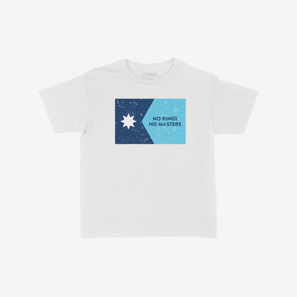 Minnesota No Kings Flag T-shirt featuring a distressed two-tone blue design with a bold slogan, reflecting a rebellious spirit against hierarchy and promoting community empowerment.