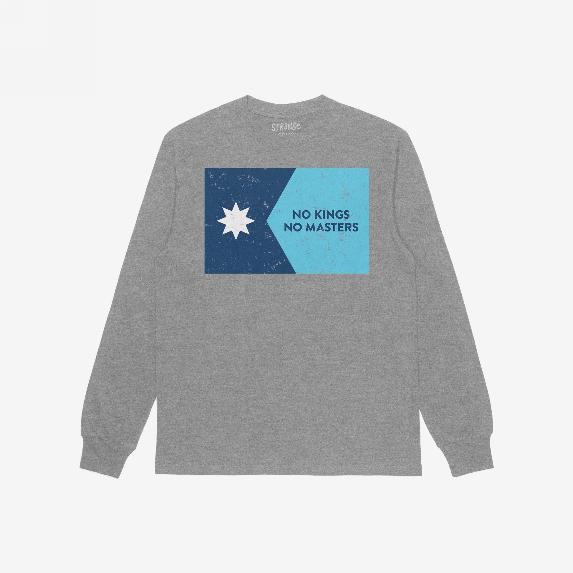 Heather-grey Minnesota No Kings Flag Shirt featuring a two-tone chest graphic with a distressed star and NO KINGS NO MASTERS slogan, embodying rebellion and resistance against authoritarianism.