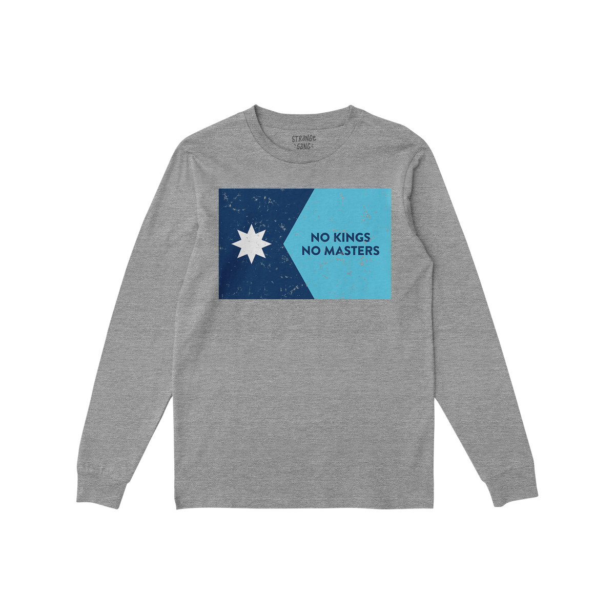 Heather-grey Minnesota No Kings Flag Shirt featuring a two-tone chest graphic with a distressed star and NO KINGS NO MASTERS 