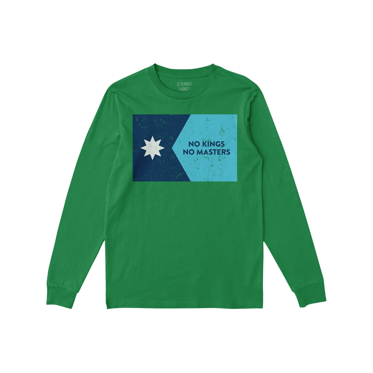 Minnesota No Kings Flag Shirt: Green long-sleeve T-shirt featuring a graphic with a star and “NO KINGS NO MASTERS” slogan