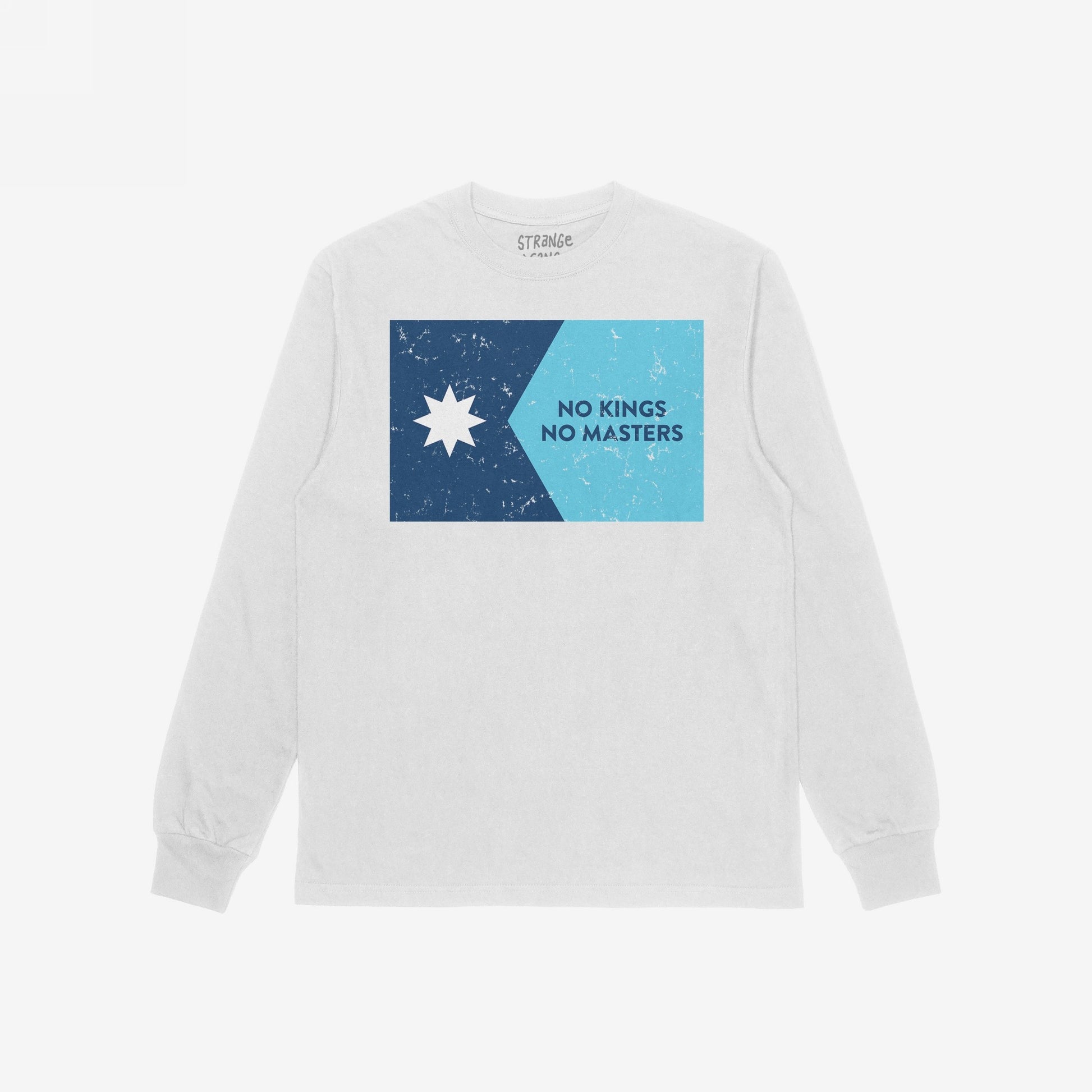 Minnesota No Kings Flag Shirt features a distressed graphic with a star and slogan, NO KINGS NO MASTERS, symbolizing resistance and freedom, styled with ribbed cuffs and crew neck.
