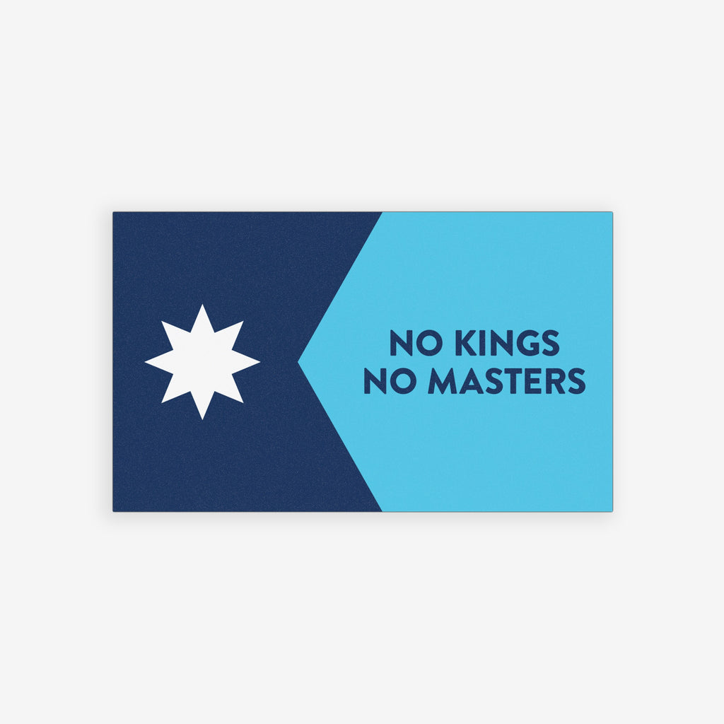 Minnesota Flag No Kings Sticker & Magnet features a star and bold text over a cityscape, promoting resistance and pride. Available as a sticker or magnet, supporting Minnesotan voices against oppression.