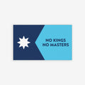 Minnesota Flag No Kings Sticker & Magnet features a star and bold text over a cityscape, promoting resistance and pride. Available as a sticker or magnet, supporting Minnesotan voices against oppression.