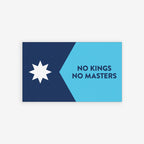 Minnesota Flag No Kings Sticker & Magnet features a star and bold text over a cityscape, promoting resistance and pride. Available as a sticker or magnet, supporting Minnesotan voices against oppression.