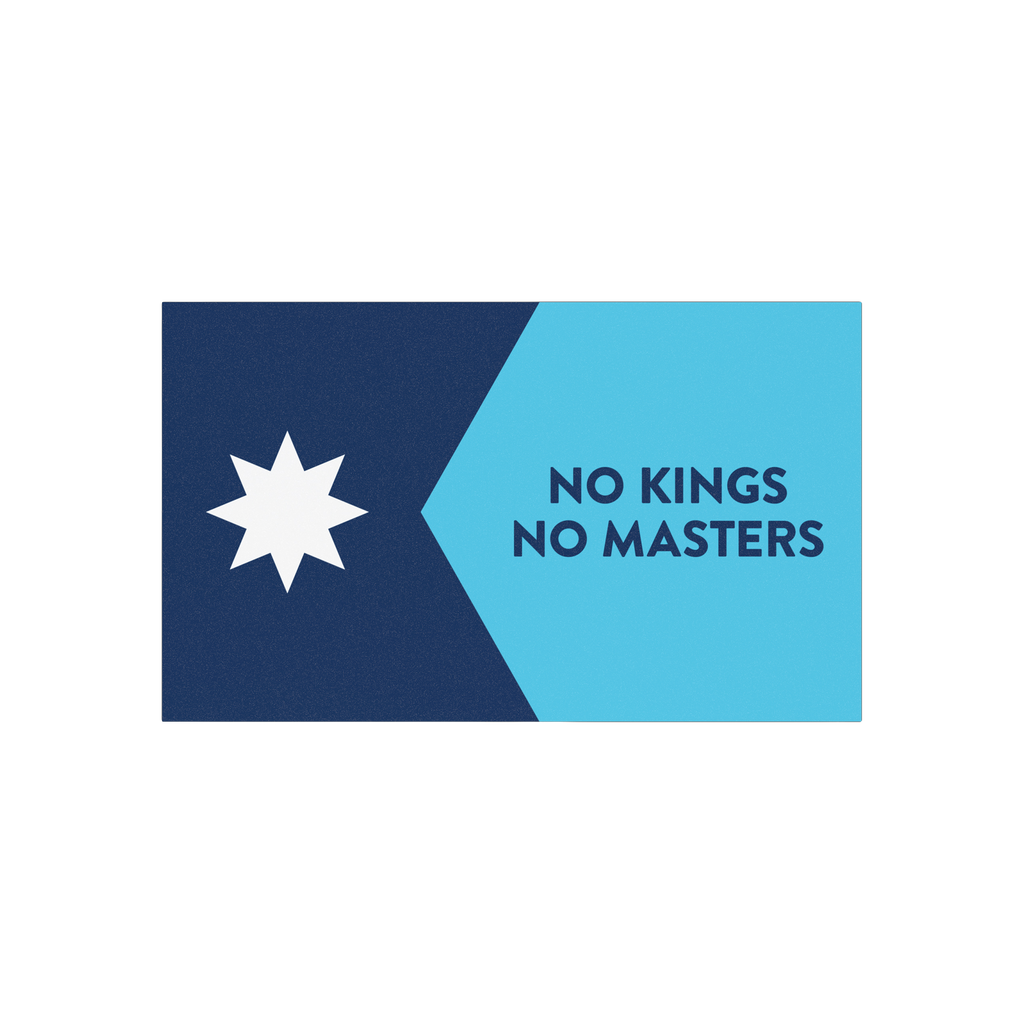 Minnesota Flag No Kings Sticker & Magnet features a star and bold text over a cityscape, promoting resistance and pride. Avai
