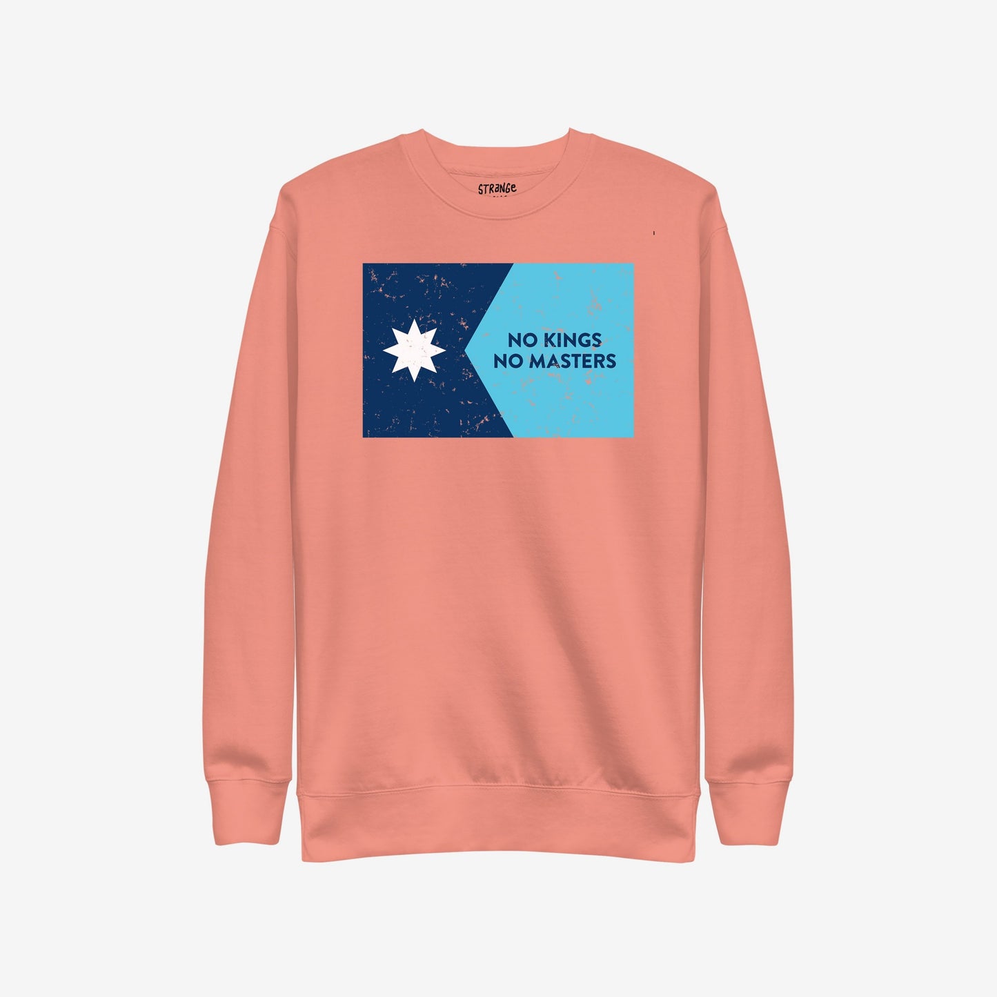 Minnesota No Kings Flag Hoodie & Sweatshirt features a distressed navy star and cyan slogan graphic, embodying anti-authoritarian spirit. The soft coral fabric aligns with the store's advocacy for freedom and equality.