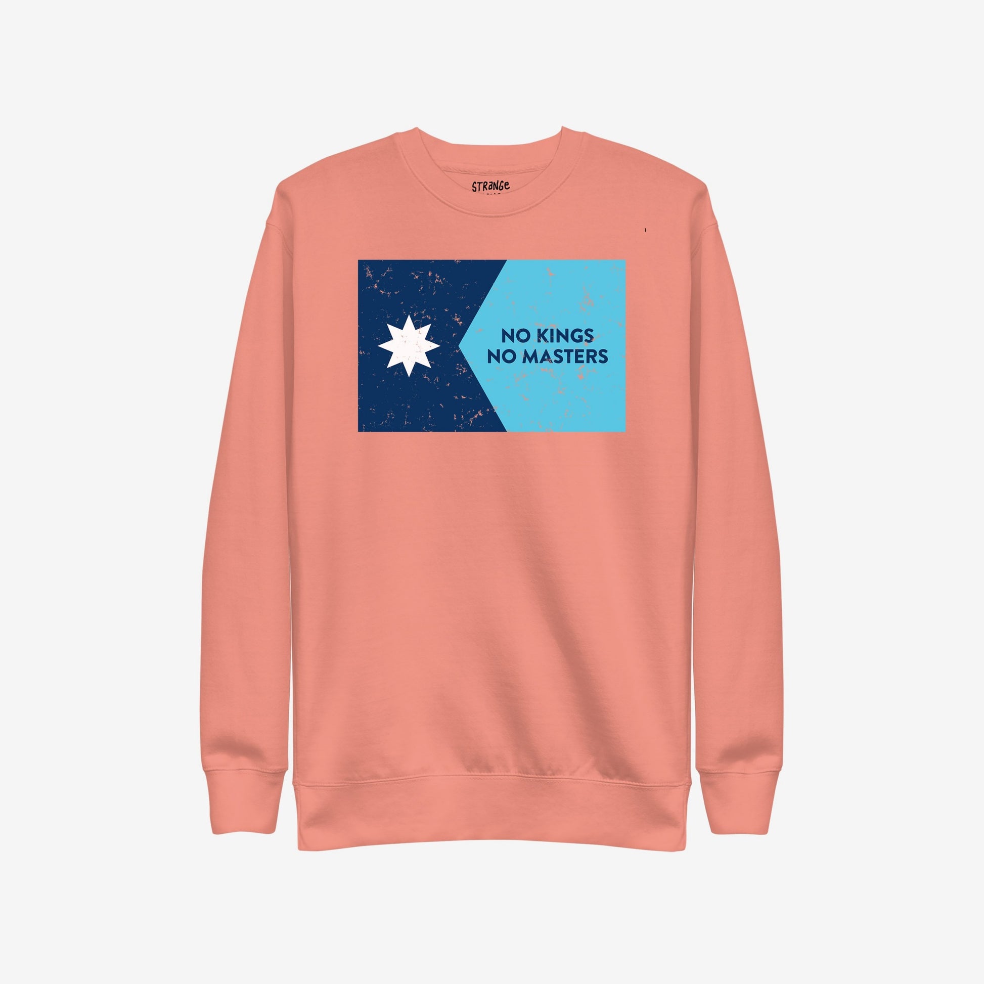 Minnesota No Kings Flag Hoodie & Sweatshirt features a distressed navy star and cyan slogan graphic, embodying anti-authoritarian spirit. The soft coral fabric aligns with the store's advocacy for freedom and equality.