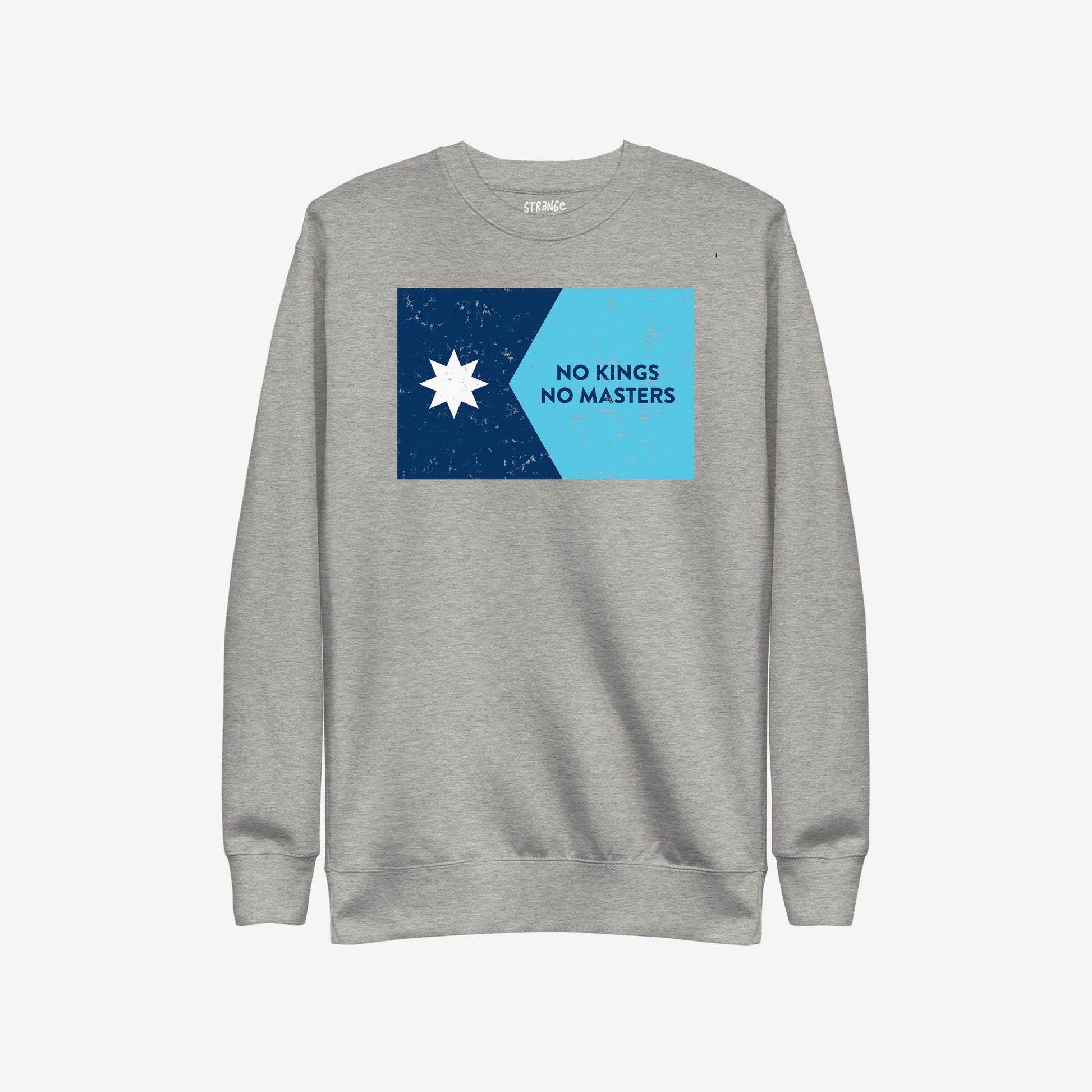 Minnesota No Kings Flag Hoodie & Sweatshirt features a light-gray crewneck with a navy-blue and sky-blue graphic, showcasing a star and “NO KINGS NO MASTERS” slogan, embodying anti-authoritarian spirit.