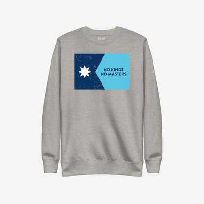 Minnesota No Kings Flag Hoodie & Sweatshirt features a light-gray crewneck with a navy-blue and sky-blue graphic, showcasing a star and “NO KINGS NO MASTERS” slogan, embodying anti-authoritarian spirit.