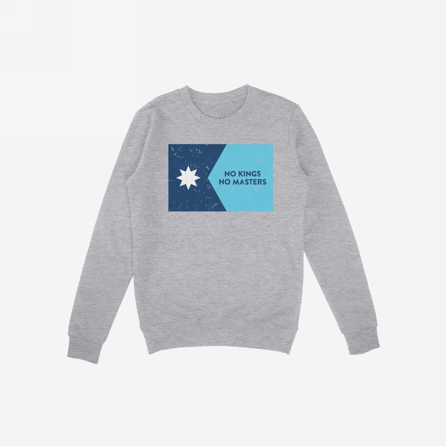 Minnesota No Kings Flag Shirt featuring a light-gray crewneck sweatshirt with a graphic of a star and NO KINGS NO MASTERS slogan, symbolizing resistance and freedom.