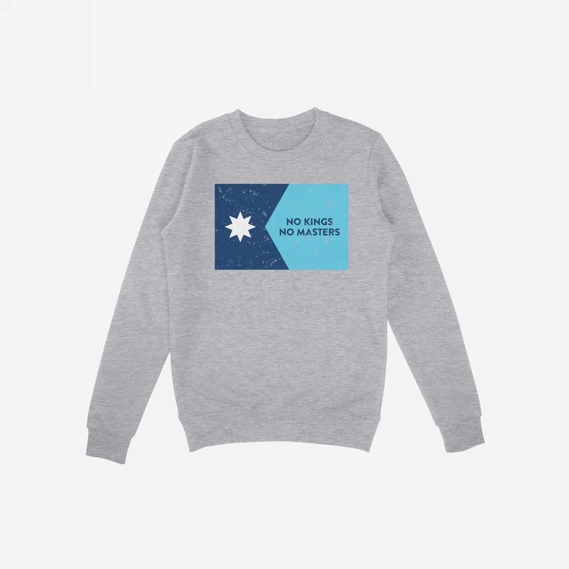 Minnesota No Kings Flag Shirt featuring a light-gray crewneck sweatshirt with a graphic of a star and NO KINGS NO MASTERS slogan, symbolizing resistance and freedom.