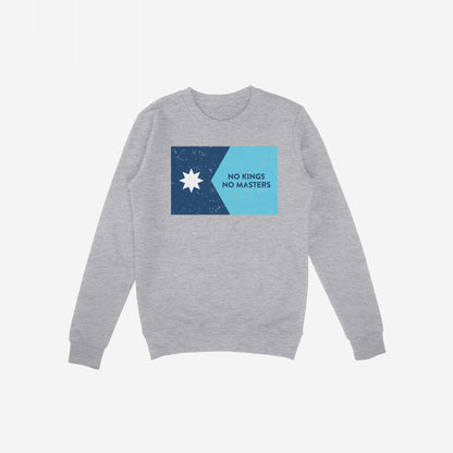 Minnesota No Kings Flag Shirt featuring a light-gray crewneck sweatshirt with a graphic of a star and NO KINGS NO MASTERS slogan, symbolizing resistance and freedom.