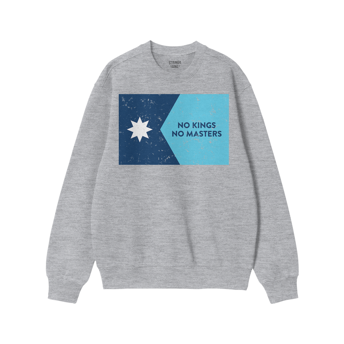 Minnesota No Kings Flag Shirt featuring a light-gray crewneck sweatshirt with a graphic of a star and NO KINGS NO MASTERS slo
