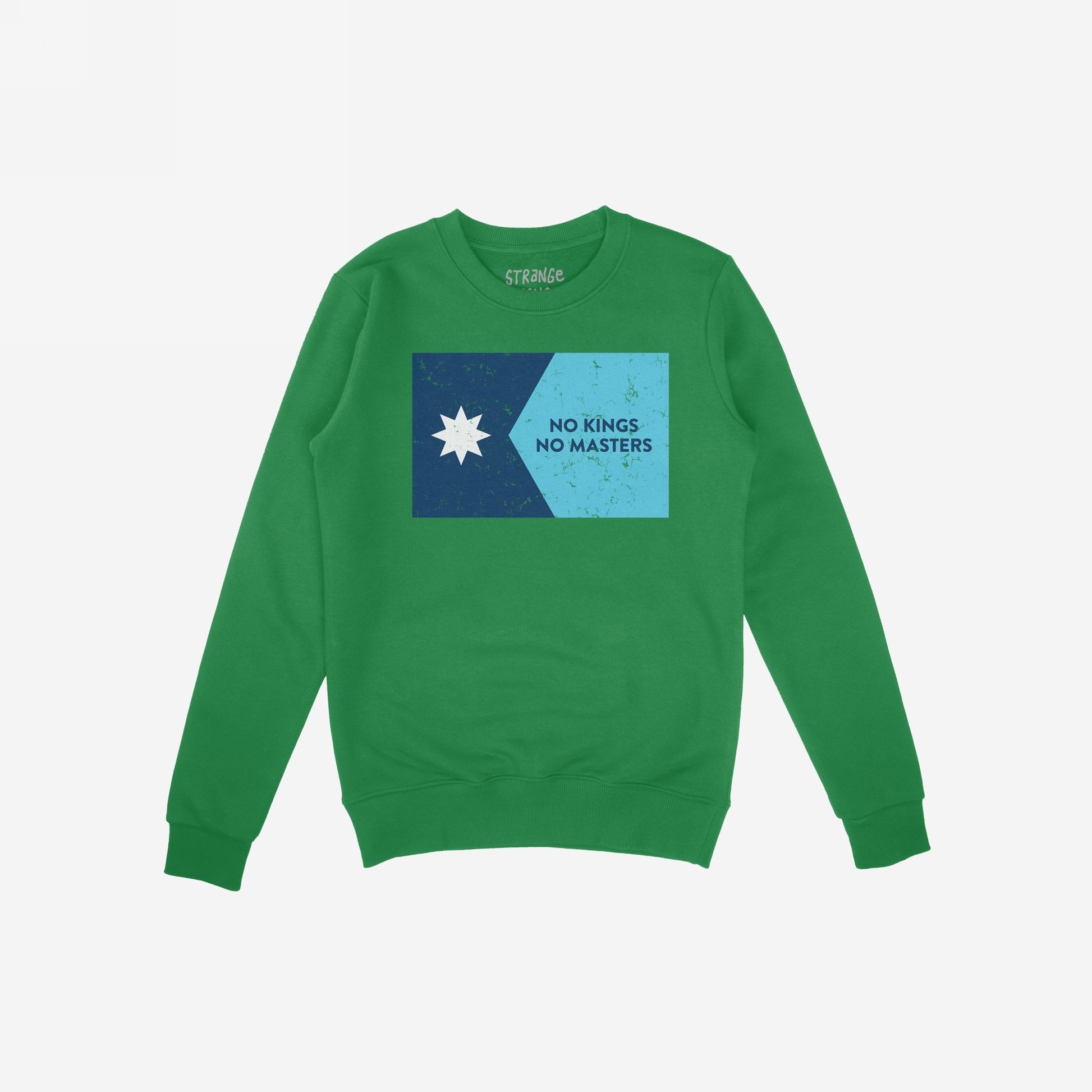 Minnesota No Kings Flag Shirt: Green crewneck sweatshirt featuring a bold two-tone blue graphic with a white star and “NO KINGS NO MASTERS.” A statement piece symbolizing resistance and personal freedom.