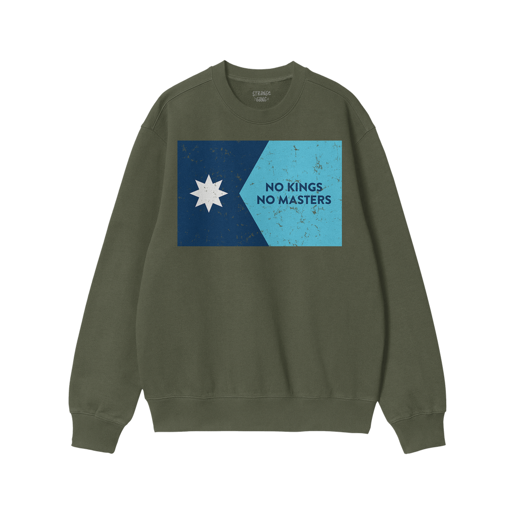 Minnesota No Kings Flag Shirt: Green crewneck sweatshirt featuring a bold two-tone blue graphic with a white star and “NO K