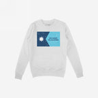 White crewneck sweatshirt featuring the Minnesota No Kings Flag Shirt design: a two-tone blue graphic with a navy star and NO KINGS NO MASTERS slogan, symbolizing resistance and freedom.