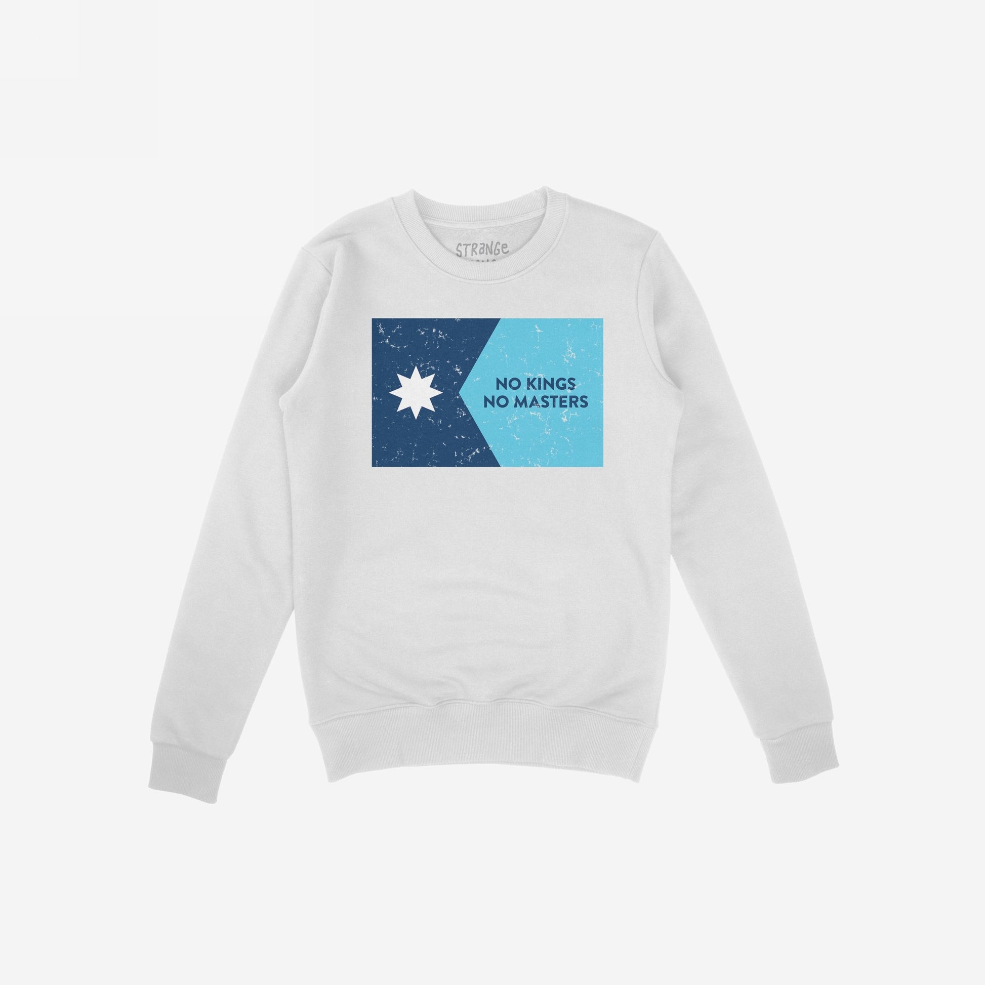 White crewneck sweatshirt featuring the Minnesota No Kings Flag Shirt design: a two-tone blue graphic with a navy star and NO KINGS NO MASTERS slogan, symbolizing resistance and freedom.