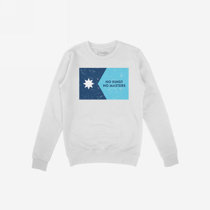 White crewneck sweatshirt featuring the Minnesota No Kings Flag Shirt design: a two-tone blue graphic with a navy star and NO KINGS NO MASTERS slogan, symbolizing resistance and freedom.