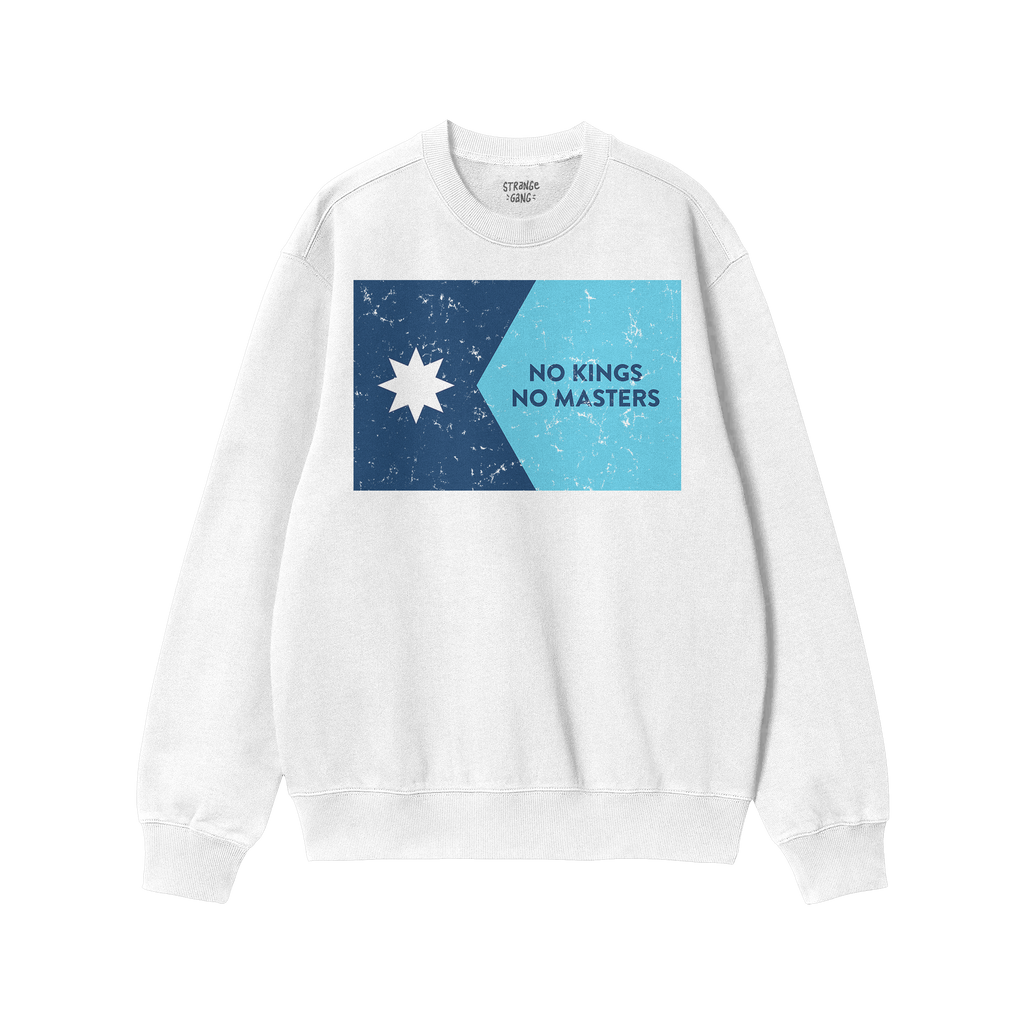 White crewneck sweatshirt featuring the Minnesota No Kings Flag Shirt design: a two-tone blue graphic with a navy star and NO