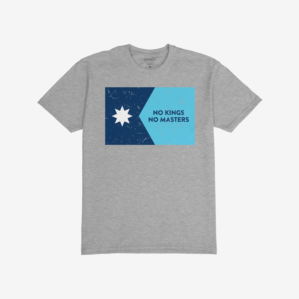 Heather-gray T-shirt featuring the Minnesota No Kings Flag design, with a bold star and slogan, symbolizing resistance and freedom. Inspired by the North Star, available in multiple styles and sizes.
