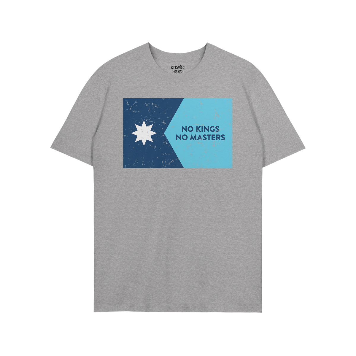 Heather-gray T-shirt featuring the Minnesota No Kings Flag design, with a bold star and slogan, symbolizing resistance and fr